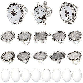 DIY Blank Dome Finger Rings Making Kit, Including Owl & Tortoise & Oval Adjustable Alloy Ring Settings, Glass Cabochons, Antique Silver, 20Pcs/bag