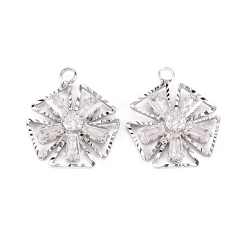 Brass Micro Pave Clear Cubic Zirconia Pendants, Flower, Platinum, 21x18x4.5mm, Hole: 2mm