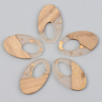 Transparent Resin & Walnut Wood Pendants, with Gold Foil, Oval, Clear, 35.5x21.5x3mm, Hole: 16x10mm