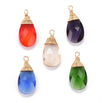 Faceted Glass Pendants, with Eco-Friendly Copper Wire, Teardrop, Mixed Color, 29.5x13x8mm, Hole: 2.5mm