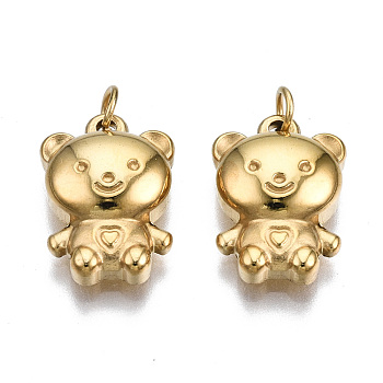 304 Stainless Steel Charms, with Jump Rings, Bear, Real 14K Gold Plated, 14.5x10x4mm, Jump Ring: 3.8x0.6mm, 2.6mm inner diameter