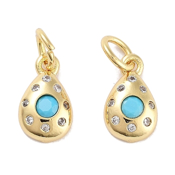 Brass Micro Pave Cubic Zirconia Charms, with Jump Ring, Teardrop, Real 18K Gold Plated, Cyan, 10.5x6x2.5mm, Hole: 3mm