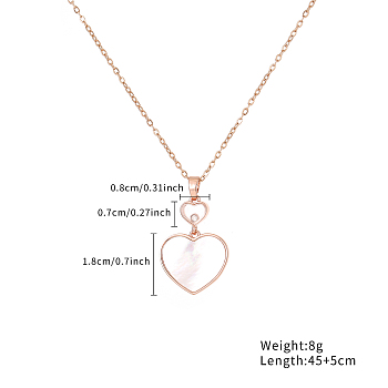 Brass Pearl Shell Heart Pendant Necklace for Women, Stainless Steel Cable Chain Necklace, Rose Gold, 17.72 inch(45cm)