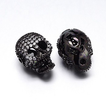 Brass Micro Pave Cubic Zirconia Skull Beads, Lead Free & Cadmium Free & Nickel Free, Clear, Gunmetal, 17x12x12.5mm, Hole: 1.8mm