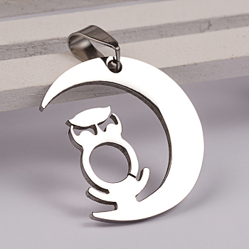 Moon with Owl 201 Stainless Steel Pendants, Stainless Steel Color, 32x28x1.5mm, Hole: 4x9mm