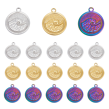 18Pcs 3 Colors 201 Stainless Steel Pendants, Flat Round with Spindrift, Mixed Color, 24x20.5x2mm, Hole: 2.5mm, 6pcs/color