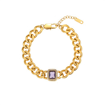 Rectangle Cubic Zirconia Link Bracelets, with Golden Stainless Steel Cuban Link Chains, Dark Violet, 7-1/8 inch(18cm)