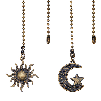 1 Set Alloy Ceiling Fan Pull Chain Extenders, with Iron Ball Chains, Sun & Moon with Star Pendant, Antique Bronze, 355~359x3mm, 2pcs/set