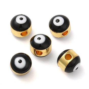 Brass Enamel Beads, Cadmium Free & Lead Free, Long-Lasting Plated, Golden, Rondelle with Evil Eye, Black, 6x7mm, Hole: 1.8mm