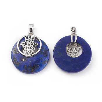 Natural Lapis Lazuli Pendants, with Platinum Tone Brass Findings, Flat Round with Hamsa Hand/Hand of Fatima/Hand of Miriam, 32~32.5x28x7~7.5mm, Hole: 5x8mm