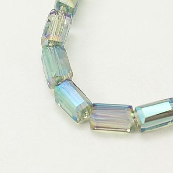 Electroplate Glass Beads, Full Rainbow Plated, Faceted, Cuboid, Pale Green, 8x4x4mm, Hole: 1mm
