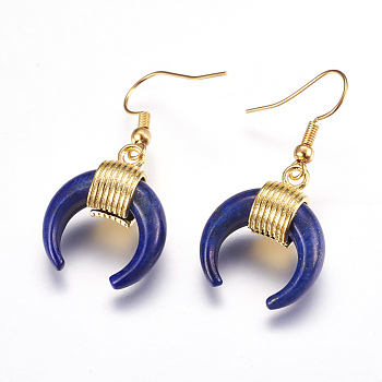 Natural Lapis Lazuli Dangle Earrings, with Brass Findings, Double Horn Shaped/Crescent Moon, Golden, Dyed, 41mm, Pin: 0.5mm, Pendant: 23x20x9mm