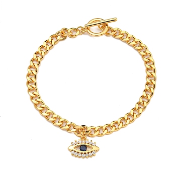 Brass Micro Pave Cubic Zirconia Bracelets for Women, Eye, Real 18K Gold Plated, 6-3/4 inch(17.3cm), Pendant: 10.5x14mm, 