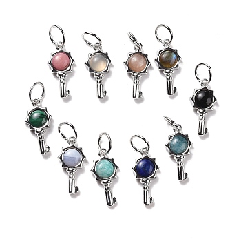 Natural Mixed Stone Pendants, with Platinum Brass Findings, Key, 20x10x4mm, Hole: 6.2mm