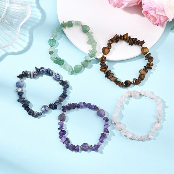 Natural Gemstone Beads Stretch Bracelets for Women, Heart & Chip, with Golden 304 Stainless Steel Beads, Inner Diameter: 2.36 inch(6cm)