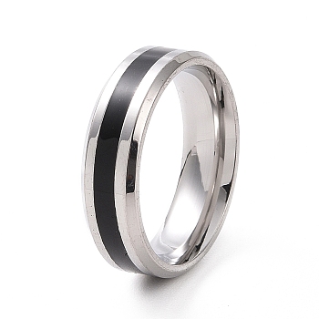 Black Enamel Grooved Line Finger Ring, 201 Stainless Steel Jewelry for Women, Stainless Steel Color, 6mm, Inner Diameter: 17mm