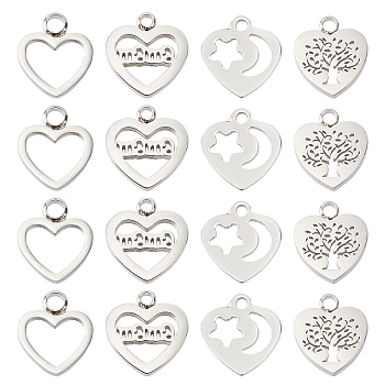 DICOSMETIC 16Pcs 4 Style 304 Stainless Steel Charms, Laser Cut, Heart, Stainless Steel Color, 12~13x11~12x0.8~1.5mm, hole: 1.4~1.8mm,  4pcs/style