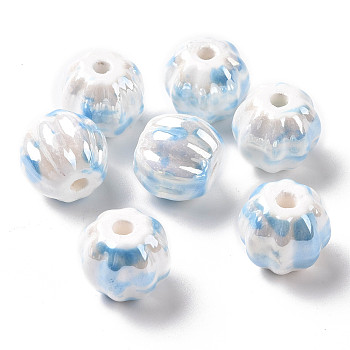 Handmade Pearlized Porcelain Beads, Bright Glazed Porcelain, Rainbow Plated, Pumpkin, Light Sky Blue, 13x12mm, Hole: 2mm