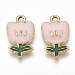 Eco-Friendly Zinc Alloy  Pendants, with Enamel, Flower, Cadmium Free & Nickel Free & Lead Free, Golden, Pink, 19.5x11.5x3mm, Hole: 2mm(X-ENAM-R051-06-03G-NR)