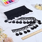 3 Yards Milk Fiber Lace Trim, Oval Tassel Lace Ribbon, Clothing Accessories, with 1Pc Cardboard Display Card, Black, 3 inch(75mm)(OCOR-LP0002-58B)