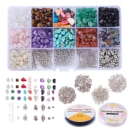 DIY Jewelry Set Making Kit, Including Natural Mixed Gemstone Chip Beads, Freshwater Shell Chips Beads, Tibetan Style Alloy Findings, Brass Jump Ring & Earring Hook, Iron Eye Pin & Head Pin, Elastic Crystal Thread, Pliers, 17.4x10x2.15cm(DIY-YW0001-60-A)
