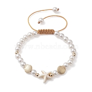 Adjustable Synthetic Turquoise & ABS Plastic Pearl Braided Bead Bracelet, Starfish, Inner Diameter: 2~3-1/2 inch(5~9cm)(BJEW-JB10101-02)