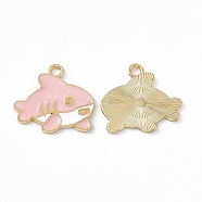 Alloy Enamel Pendants, Light Gold, Shark Charm, Pink, 19x20x1.5mm, Hole: 2mm(PALLOY-P287-11LG-01)