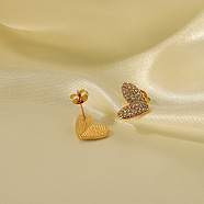 Stainless Steel Rhinestone Heart Stud Earrings for Women, Real 18K Gold Plated, 14x13.7mm(VM2670-3)