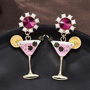 Wine Glass Zinc Alloy Enamel Stud Earrings, with Rhinestone and Plastic Imitation Pearl, 304 Stainless Steel Pins, Golden, 57x30mm(EJEW-Z088-02G)