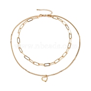 Vacuum Plating 304 Stainless Steel Double Chains Multi Layered Necklace with Heart Charm for Women, Golden, 16.34 inch(41.5cm)(STAS-E155-22G)