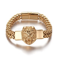 304 Stainless Steel Link Bracelets, with Magnetic Clasps, Lion Head, Golden, 8-3/8 inch(21.15cm), 11.5~27.9x5.5~15.8mm(BJEW-P255-02G)