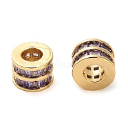 Brass Micro Pave Cubic Zirconia Beads, Real 18K Gold Plated, Flat Round, Indigo, 8x6mm, Hole: 1mm(KK-D093-04G-02)