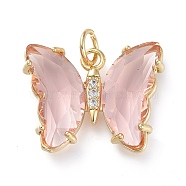 Brass Micro Pave Clear Cubic Zirconia Pendant, with Glass, Butterfly, Golden, Misty Rose, 18mm(ZIRC-P079-B02-13)