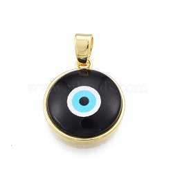Glass Pendants, with Golden Plated Brass Findings, Flat Round with Evil Eye, Black, 19x16.5x5mm, Hole: 5x3.5mm(KK-I691-04F)