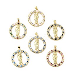 Rack Plating Brass Micro Pave Clear Cubic Zirconia Pendants, with Enamel, Cadmium Free & Lead Free, Real 18K Gold Plated, Ring with Saint & Evil Eye, Mixed Color, 32.5x30x3.5mm, Hole: 3.5x5mm(ZIRC-I059-11G)