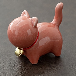 Ceramic Cat Figurines with Bell, for Home Office Desktop Decoration, Dark Salmon, 70x33x56mm(PW-WG28304-03)