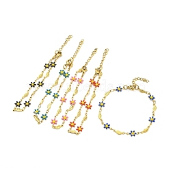 Enamel Flower & Fish Link Chain Bracelet, Vacuum Plating Golden 201 Stainless Steel Bracelet for Women, Mixed Color, 7 inch(17.8cm)(BJEW-A142-02G)