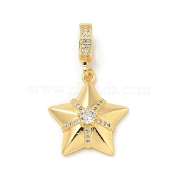 Brass Clear Cubic Zirconia Star European Dangle Charms, Large Hole Pendants, Real 18K Gold Plated, 37mm, Hole: 7.5x4.5mm(KK-U044-08G)