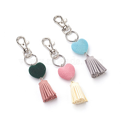 Alloy Keychain, with Faux Suede Cord Tassel and Acrylic Beads, Mixed Color, 120mm, Heart: 24x24.5x14mm, Tassel: 34x15mm(KEYC-JKC00168-M)