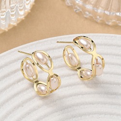Brass with Plastic Pearls Stud Earrings, Oval, Half Hoop Earrings, Golden, 22x22x7mm(KK-CBAD851-36G)