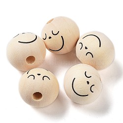 Printed Wood Beads, Round with Smiling Face, Undyed, Blanched Almond, 20mm, Hole: 2mm(WOOD-M010-01C)