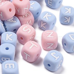 Food Grade Eco-Friendly Silicone Beads, Horizontal Hole, Chewing Beads For Teethers, DIY Nursing Necklaces Making, Letter Style, Cube, Light Sky Blue and Pink, Letter, 10x10x10mm, Hole: 2mm(SIL-MSMC001-01)