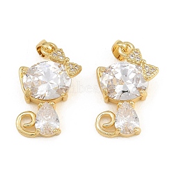 Brass Pave Clear Cubic Zirconia Pendants, Cat Shape with Bowknot Charms, Real 18K Gold Plated, 19x14x7mm, Hole: 5x2.5mm(CU-CBA33E8-16G)