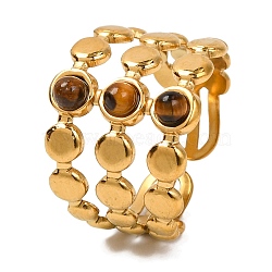 Natural Tiger Eye Finger Rings, Golden Tone 304 Stainless Steel Three-layer Cuff Rings for Women, Inner Diameter: Adjustable(RJEW-Q822-44G-02)