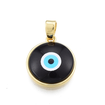Glass Pendants, with Golden Plated Brass Findings, Flat Round with Evil Eye, Black, 19x16.5x5mm, Hole: 5x3.5mm