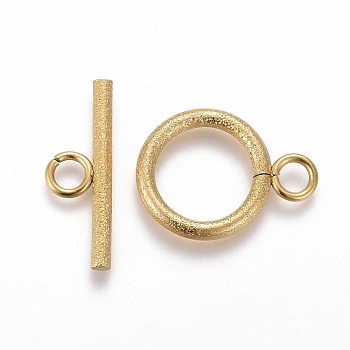 Ion Plating(IP) 304 Stainless Steel Toggle Clasps, for DIY Jewelry Making, Textured, Ring, Golden, Bar: 7x20x2mm, Hole: 3mm, Ring: 19x14x2mm, Hole: 3mm