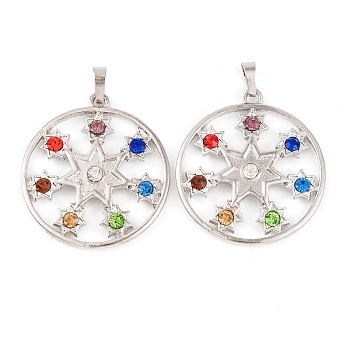 Chakra Alloy Micro Pave Rhinestone Pendants, Long-Lasting Plated, Lead Free & Cadmium Free, Flat Round with Star, Platinum, 40x35.5x4mm, Hole: 6x5mm