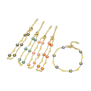 Enamel Flower & Fish Link Chain Bracelet, Vacuum Plating Golden 201 Stainless Steel Bracelet for Women, Mixed Color, 7 inch(17.8cm)