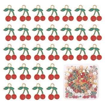 60Pcs Alloy Enamel Pendants, Cherry, Light Gold, Red, 18x13x2mm, Hole: 2mm