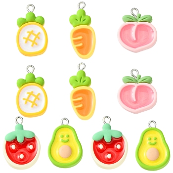 10Pcs 5 Styles Opaque Resin Pendants, Fruit & Vegetables Charms, with Platinum Tone Iron Loops, Mixed Shapes, 25.5~31x12.5~19x5.5mm, Hole: 2mm, 2pcs/style